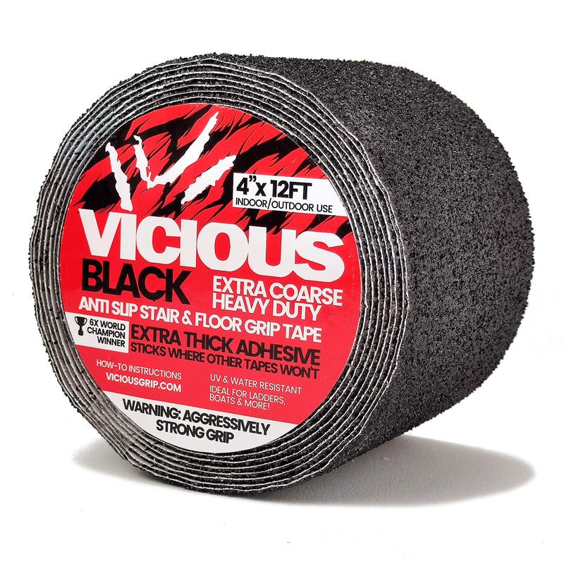Vicious Black Extra Coarse Heavy Duty Anti Slip Safety Traction Tape | 4 Inch x 12 Feet | Indoor Outdoor Industrial Commercial Use | Waterproof, Oil Resistant, Durable