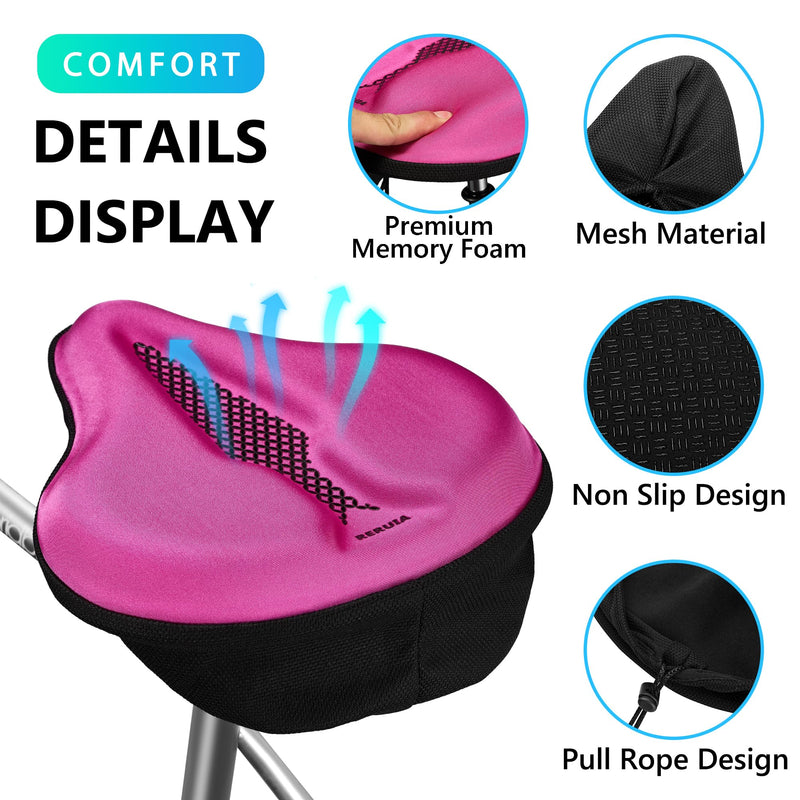Bike Seat Cover Wide Comfortable - Bicycle Seat Cushion Soft Memory Foam Padded Large Exercise Saddle Cover Replacement for Men Women Seniors Indoor Outdoor Cycling, 11 X 10 Inches Pink