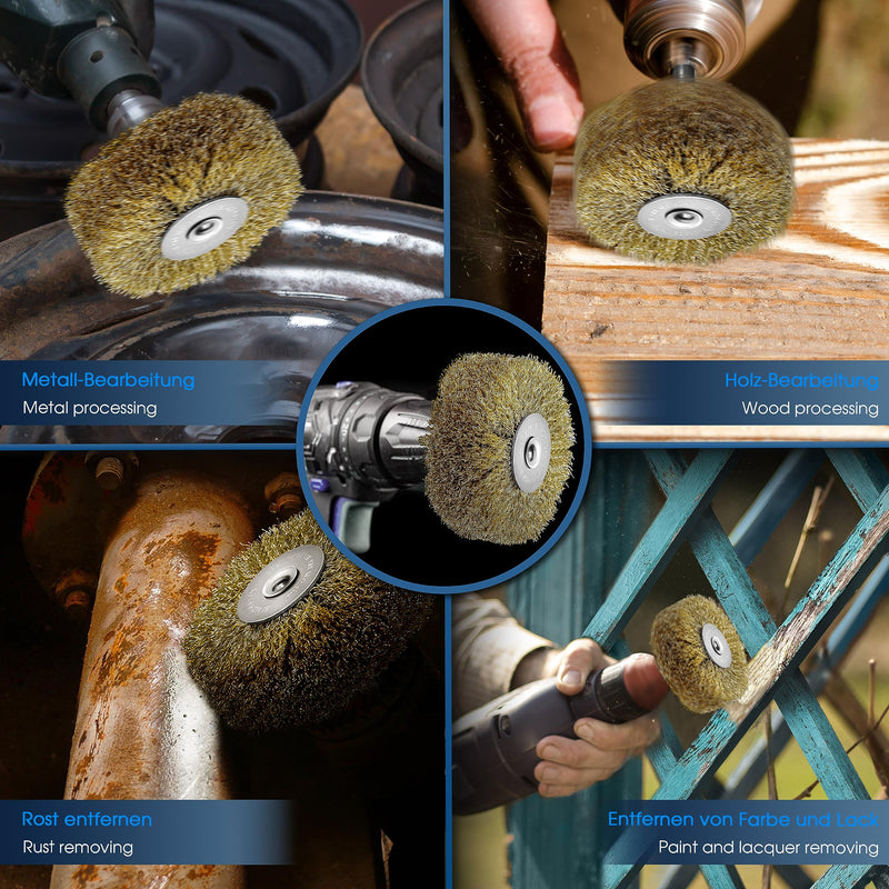 [Australia - AusPower] - S&R Steel Wire Round Brush, Sanding Brush Brass 80 mm x 35 mm, Wood Structure Brush Brass-Plated, 0.25 mm Wavy Round Shaft 8 mm, Wire Brush for Wood, Metal, Stainless Steel, Plastics 