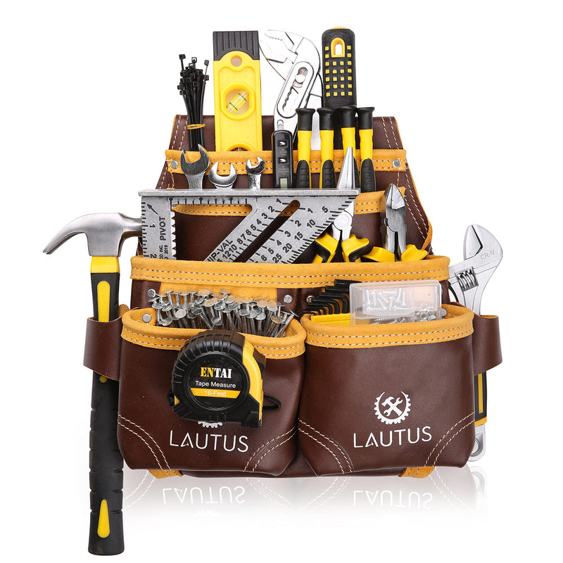 LAUTUS Oil Tanned Leather Tool Nail Pouch Bag |Cherry | Carpenter, Construction, Framers, Handyman | 5 Pockets, 2 Snap Loops | 100% Leather