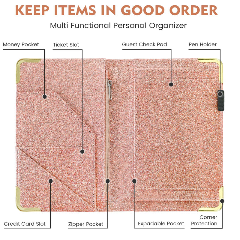 [Australia - AusPower] - Server Book for Waitress Organizer Wallet for Women Cute, Receipt Holder Presenter 5 Pockets Waiter Accessories (Glitter Rose)) Sparkling Pink 