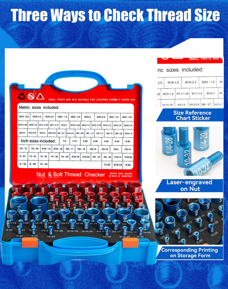 66 Nut and Bolt Thread Checker with Storage Box, Thread Checker Measuring Tool(32 Metric & 34 Standard), Bolt Size and Thread Gauge Finder Suitable for inspecting in Narrow and Tricky Areas