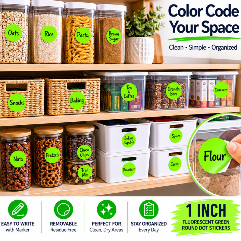 ChromaLabel 1 Inch Fluorescent Green Dot Stickers, Removable Round Color Coding Labels, 1,000 Green Circle Stickers in Dispenser Box for Inventory, Classroom, Office 1"