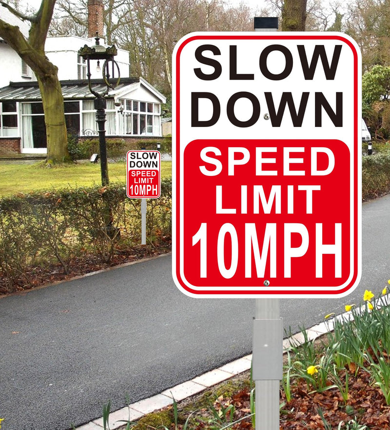 2Pack Slow Down Sign, Speed Limit 10MPH Sign with 36" Stakes, 14"×10" Reflective Aluminum, Fade Resistant/Waterproof, Including Screws, Easy to Install Speed 10 with stake