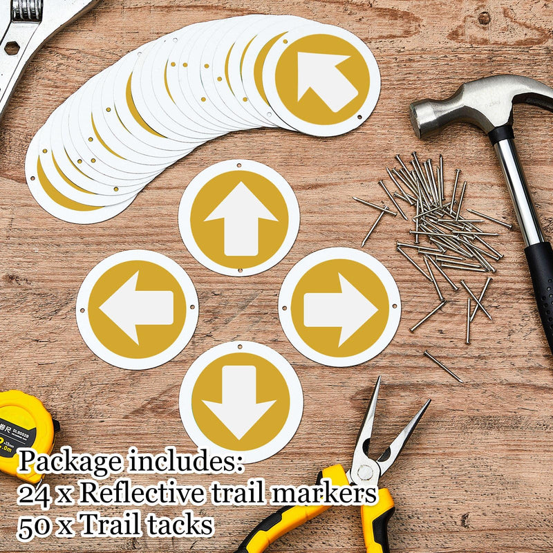 Amylove 24 Pieces Bright Reflective Trail Markers Round Bin Marker with Reflective Tacks Aluminum Signs Thumb Tacks for Hunting Hiking Camping and More Yellow