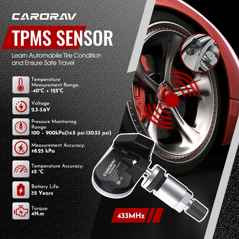 CARORAV GM Tire Pressure Monitoring System Sensor fit for Chevy Silverado Malibu GMC Cadillac Buick, 433MHz TPMS Sensor Replaces 13598773 13512347 13516165 4 Pack - 4 Replaceable Valve Stems