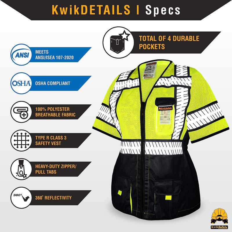 KwikSafety - Charlotte, NC - SPECIALIST Class 3 Safety Vest for Women [REFLECTIVE FISHBONE TAPE] ANSI Tested OSHA Compliant Hi Vis PPE Work Gear/Black Medium