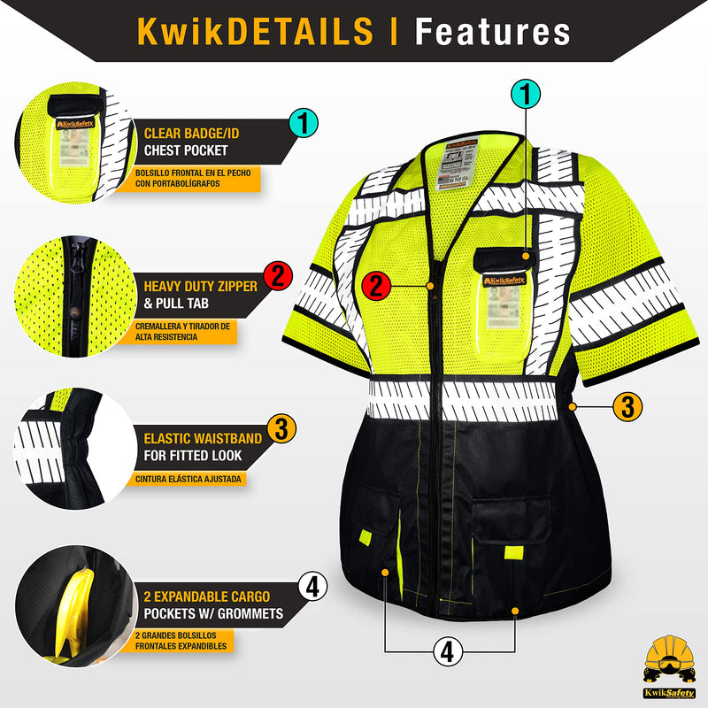 KwikSafety - Charlotte, NC - SPECIALIST Class 3 Safety Vest for Women [REFLECTIVE FISHBONE TAPE] ANSI Tested OSHA Compliant Hi Vis PPE Work Gear/Black Medium