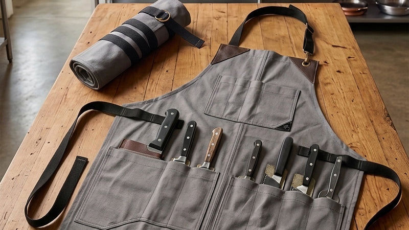 Green Under NY Sky heavy-duty canvas knife roll apron with leather support for safe knife storage and transport.