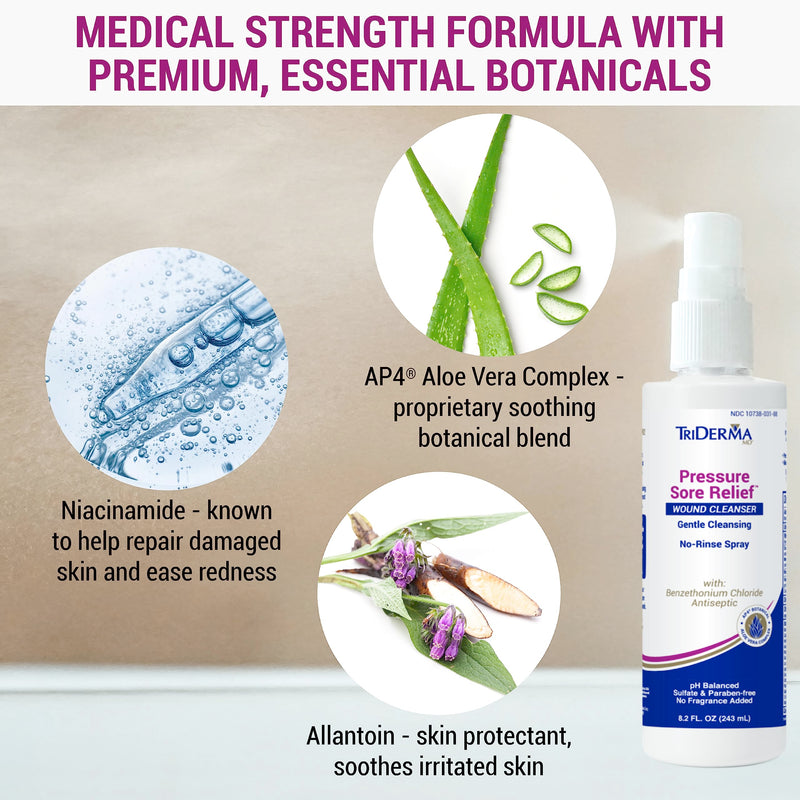 [Australia - AusPower] - TriDerma Pressure Sore Relief Wound Cleanser, Gentle Cleansing for Bed Sores, Ulcers, Pressure Sores, Wounds and Hard-to-Heal Skin Sores with AP4 Aloe Vera and Niacinamide, Fragrance Free 8.2 oz Spray 8.2 Fl Oz (Pack of 1) Cleanser Spray 