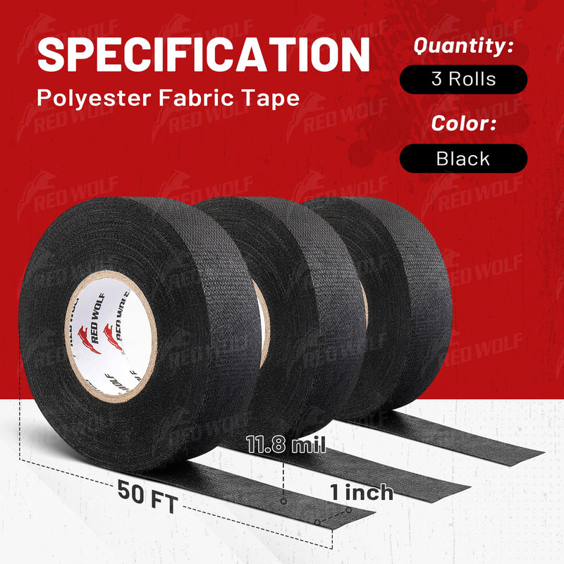 RED WOLF Wire Electrical Tape, 1 Inch x 50 Feet 3-Roll, Felt Cloth Electric Tape Noise Dampening High Temp Wiring Loom Harness, Self-Adhesive Fabric Tape for Automotive Engines Wrap Protection