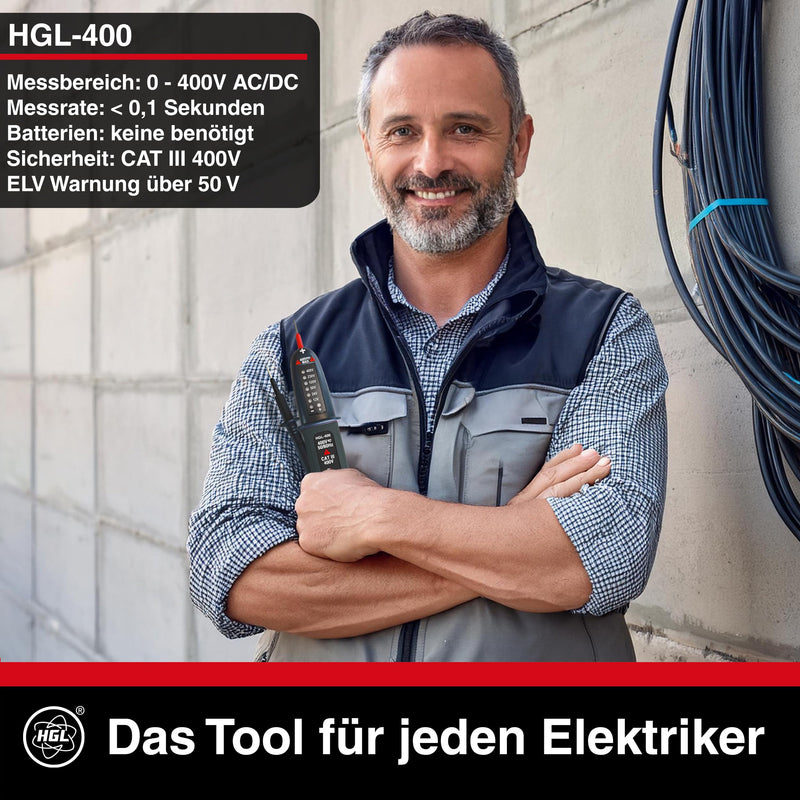 [Australia - AusPower] - HGL -400 Voltage Tester Double Pole 12 V to 400 V AC/DC with LED Display, Phase Tester, IP54 Splash-Proof, No Batteries Required, 2-Pin Voltage Meter, Socket Meter 