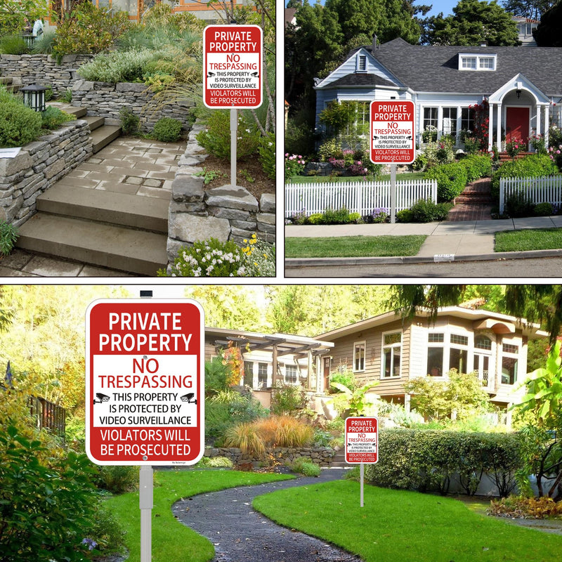 2Pack No Trespassing Private Property Sign with 36-Inch Stakes, 10x14 Inches Video Surveillance Warning Sign, Rust Free Reflective Aluminum 2 Pack with stake（Red）