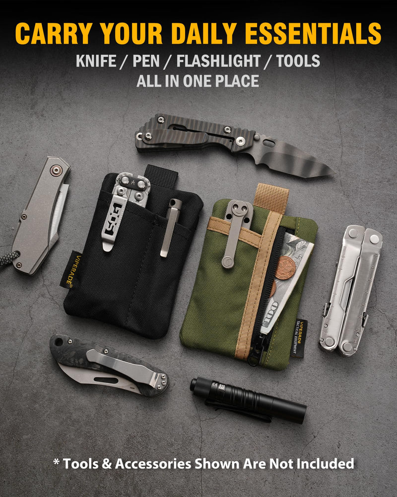 VIPERADE VE28 6-in-1 EDC Pouch, 500D Compact EDC Pocket Organizer, Molle Extension Tool Storage Bag, Small Coin Purse/Card Holder/Swiss Army Knife Pocket Pouch (Green/Tan) Green/Tan
