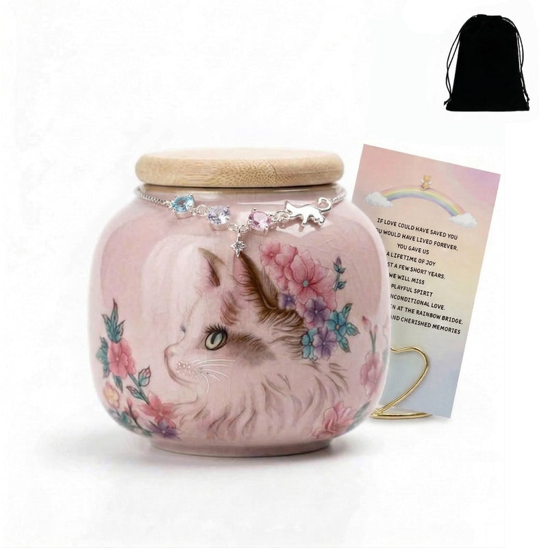 Cat Urn for Ashes, Small Ceramic Pet Urn with Rainbow Crystal Necklace