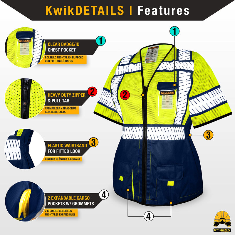 KwikSafety - Charlotte, NC - SHERIFF Class 3 Safety Vest for Women [REFLECTIVE FISHBONE TAPE] ANSI Tested OSHA Compliant Hi Vis PPE Work Gear/Blue Large