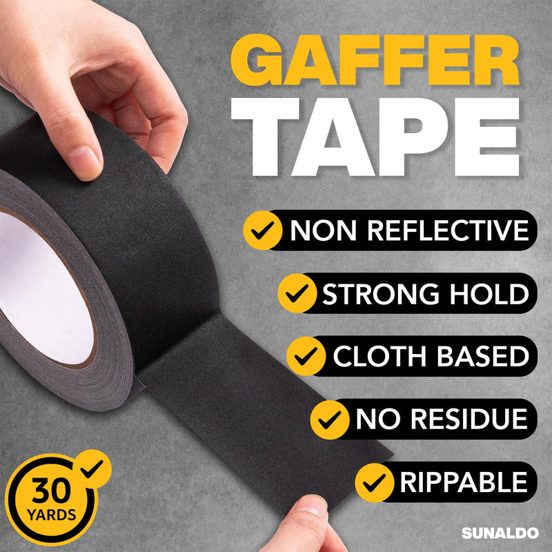 Gaffers Tape Heavy Duty, Easy to Rip, Residue-Free Professional Grade Floor Tape for Electrical Cords, Matte Finish Non Reflective, Weather Resistant (3, Black, 2" x 30 Yards) 3