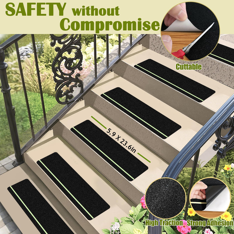 Outdoor Stair Treads Non Slip with Glow in Dark Stripe, 5.9" x 23.6" Anti Slip Tape for Wooden Steps, Non Skid Grip Tape Stripes for Stairs, Steps (5, 5.9" x 23.6" Black with Glow-in-The-Dark)