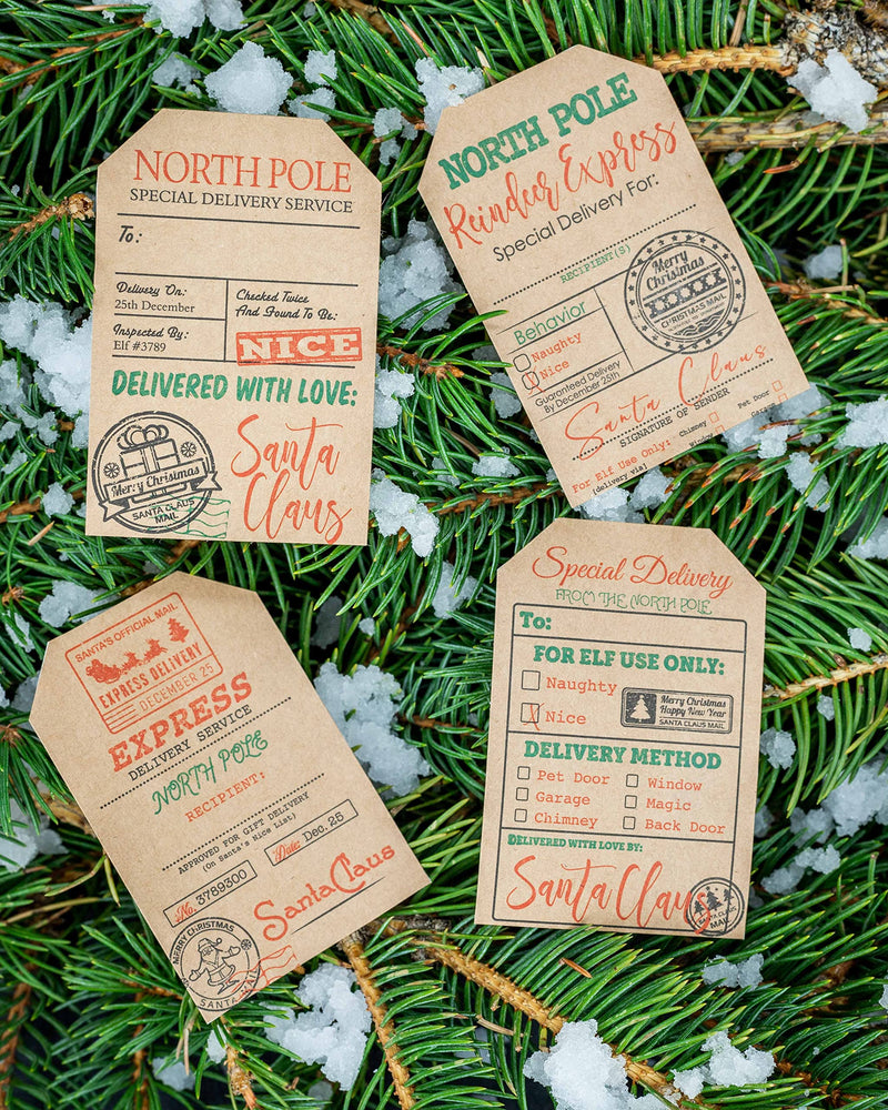 Santa's Delivery Christmas Gift Tag Stickers – 2 x 3 Inch Natural Kraft Holiday Labels – 100 Adhesive Gift Tags with Permanent Adhesive – Eco-Friendly Print, Made in the USA