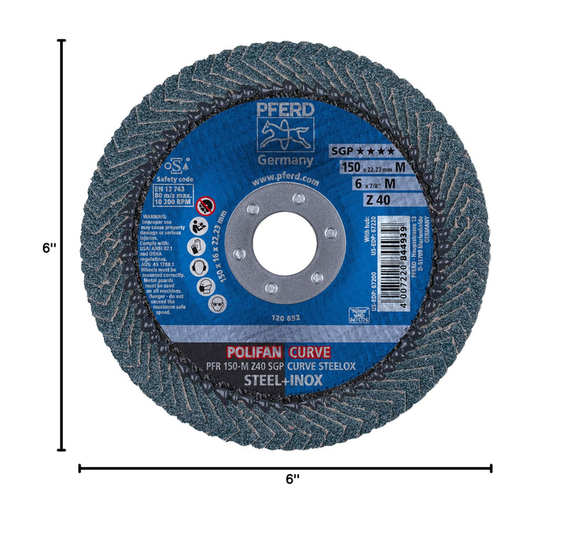 [Australia - AusPower] - PFERD POLIFAN®-Curve Radial Type Flap Disc - 6" x 7/8", 40 Grit Zirconia, Welding Accessory and Angle Grinder Attachment - for Steel and Stainless Steel (INOX) Grinding - Pack of 1 - Part 67200 Very Coarse 6" x 7/8" Medium 
