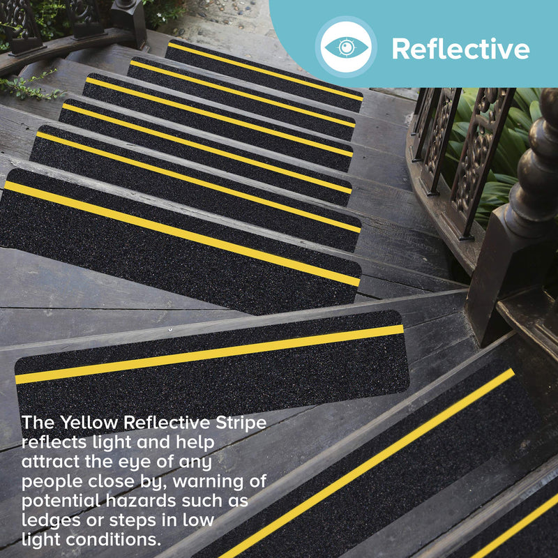 LifeGrip Anti Slip Traction Treads with Reflective Stripe (10-Pack), 6" X 28", Best Grip Tape Grit Non Slip, Outdoor Non Skid Tape, High Traction Friction Abrasive Adhesive for Stairs Step, Black 6" x 28" 10