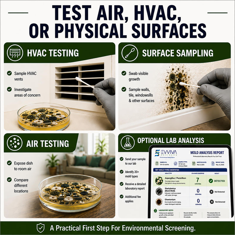 Evviva Sciences Mold Test Kit for Home - 5 Simple Detection Tests w/Optional Lab Analysis (Extra Fee), Test HVAC System, Home Surfaces, & Indoor Air Quality - Downloadable Mold Information Guide