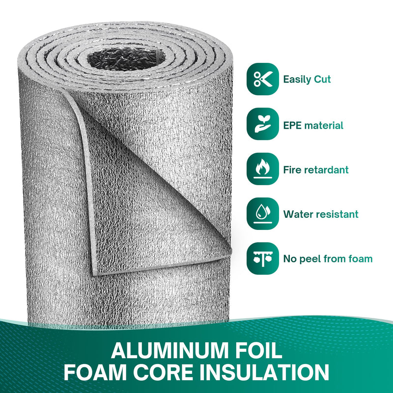 HADOR Reflective Window Film Insulation Roll 48 in X 10 Feet, Foil Aluminum Roll Double-Sided Foam Core, Summer Window Heat Blocker for RV/Windows/Garage Door - Folded Package 48inx10ft- Folded /with Double-sided Tape