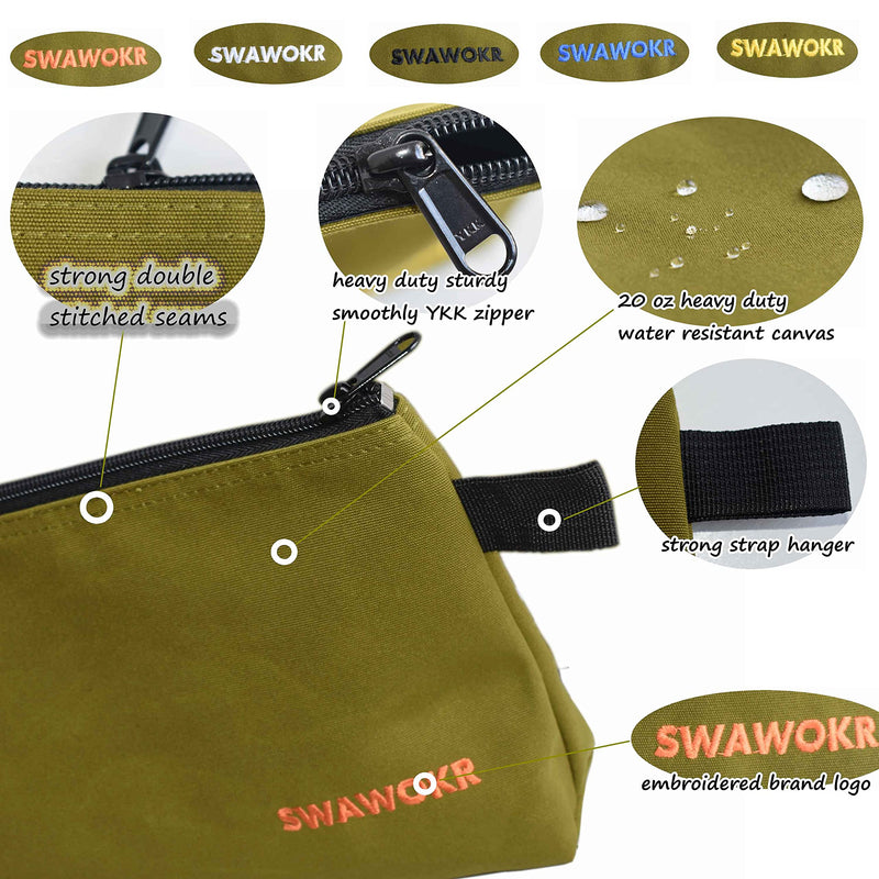 5 Pack 20 oz Canvas Tool Zipper Bags - Heavy Duty Utility Tool Pouch - Water Resistant Multi-Purpose Organizer Tote Bags 12.75 X 8 X 2.25 inch Spacious Storage Pouches with Dependable YKK Zippers Olive 12.75X8X2.25INCH
