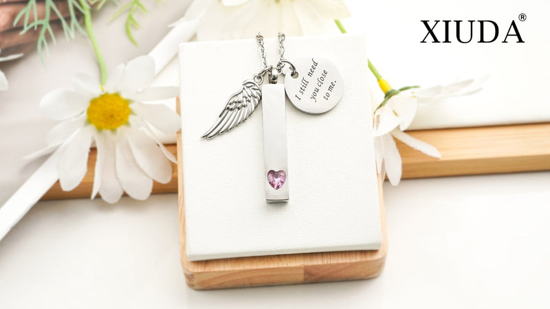 XIUDA Cremation Jewelry for Ashes with Angel Wing Charm Vertical Bar Urn Necklace Stainless Steel Memorial Keepsake Pendant for Women Silver