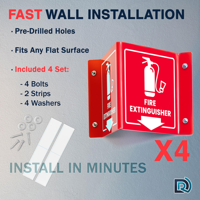 Fire Extinguisher Sign with Arrow, 6 Inch 3D Two-Sided Acrylic Projecting V Sign, Fire Extinguisher Signs for Wall Mount, Business Signs with Screws, 4 Pack Red Acrylic - Pack of 4