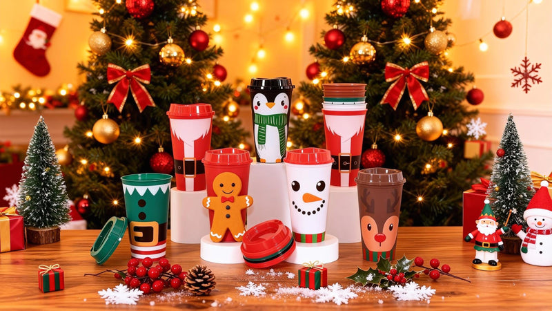 12 Pack Christmas Reusable Coffee Cups 16 oz Xmas Tumblers with Lid Santa Elk Snowman Gingerbread Penguin Plastic Travel Mug for Hot and Cold Drinks Thank You Gifts for Winter Holiday Party Supplies