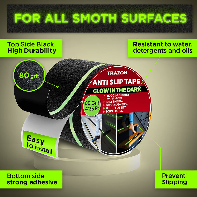 Grip Tape - Heavy Duty Anti Slip Tape for Stairs Outdoor/Indoor Black with Glow in The Dark Strips & Carpet Tape Double Sided - Rug Tape Grippers for Hardwood Floors and Area Rugs