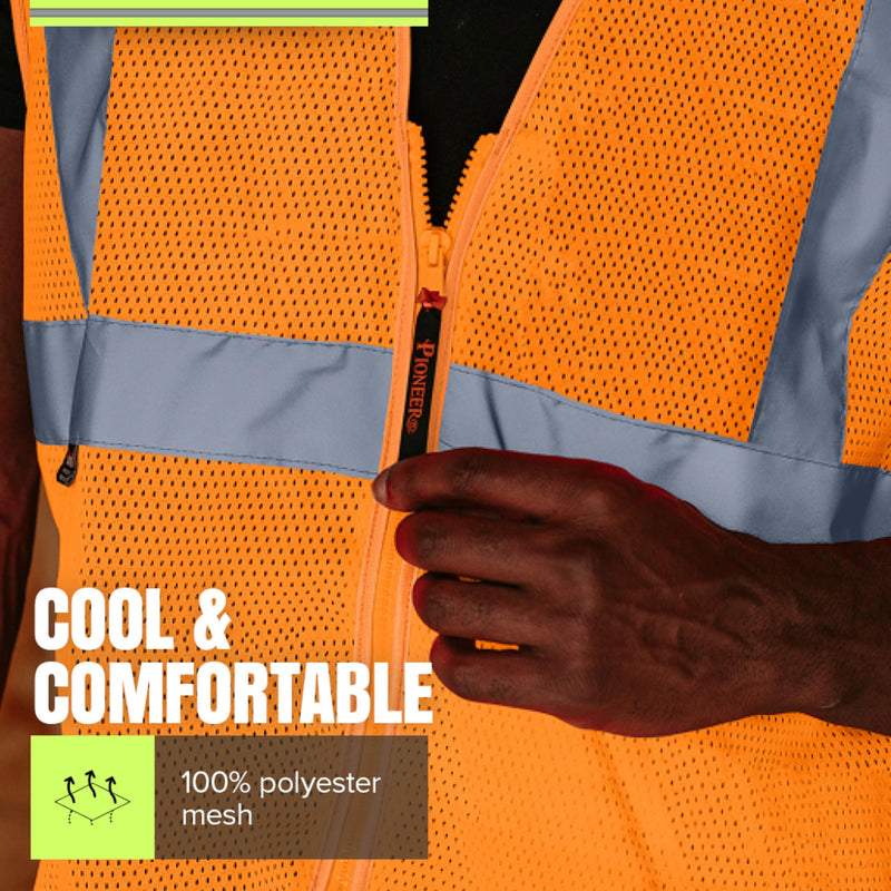 Pioneer Hi Vis Mesh Safety Vest - For Traffic & Public Workers - Cool & Lightweight - Class 2 - Reflective Tape - Orange