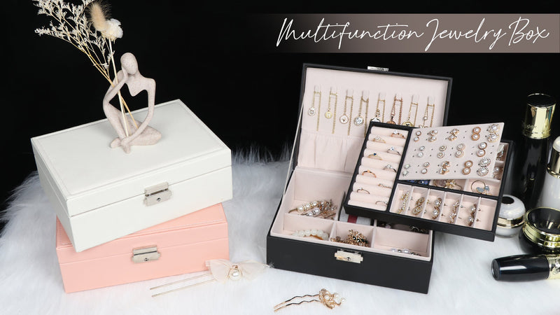 Jewelry Box for Women Girls, 2 Layers Jewelry Organizer Container with Lock, PU Leather Storage Case with Removable Tray, Jewelry Display Box for Necklaces Earrings Bracelets Rings Watches - White