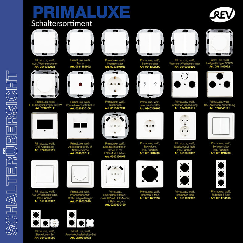 REV PrimaLuxe Flush-Mounted Light Switch A/W Switch + Frame White Pack of 1 1 x light switch + frame