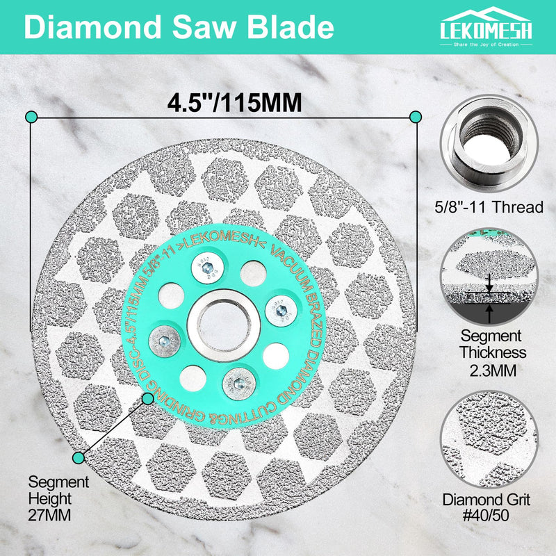 [Australia - AusPower] - 4.5" Diamond Blade for Angle Grinder – Vacuum Brazed Double-Sided Cutting & Grinding Wheel, No-Chip Tile Blade for Porcelain, Granite, Marble & Concrete – Stable, Fast Cutting,5/8-11 Thread 4.5 Inch 1 
