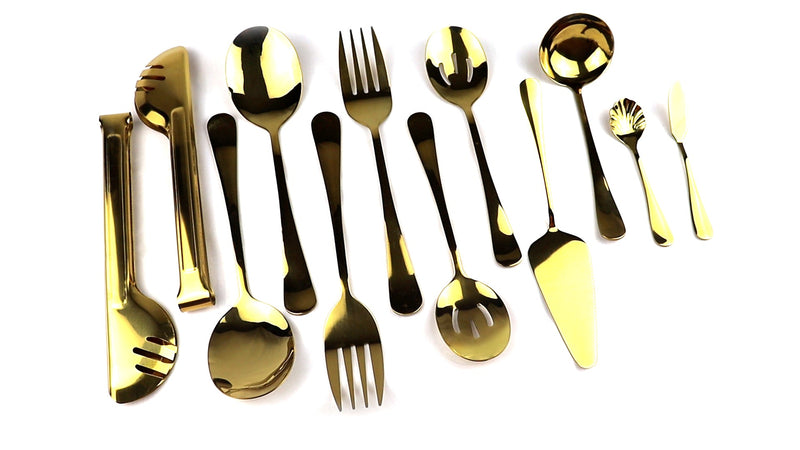 MACIFECI Gold Serving Utensils Set of 12, Stainless Steel Serving Sets with, 9.8''Serving Forks, Slotted Spoons, Tongs, Ladle, Butter Knife, Pie, Serving Utensils in Gold for Parties,Buffet, Wedding