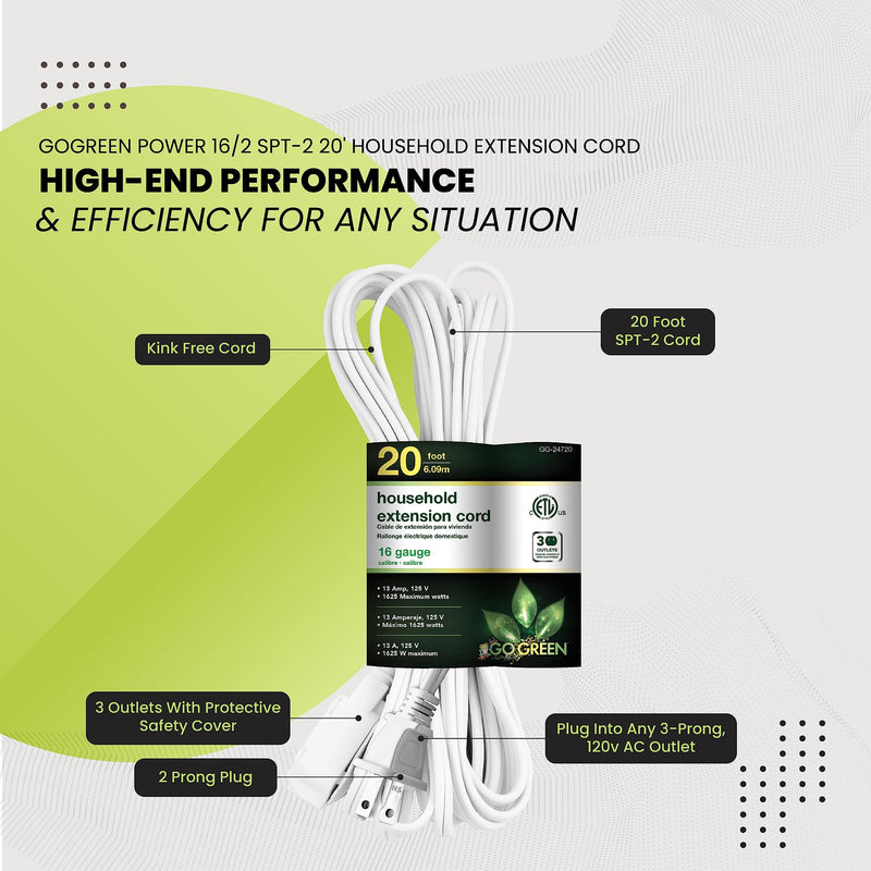 [Australia - AusPower] - Go Green Power Inc. 20ft Household Extension Cord, White, 3 Outlets, 16/2, Indoor Use Only - Safe, Reliable, and Child-Safe Covers - Ideal for Everyday Electronics 20 ft 