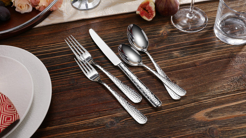 KEAWELL Louise hammered hostess serving set with utensils, including serving spoons and tongs, in a stylish hammered metal finish.