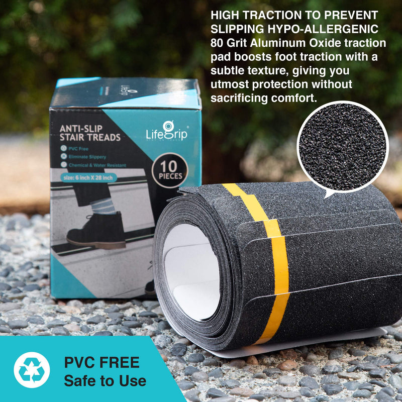 LifeGrip Anti Slip Traction Treads with Reflective Stripe (10-Pack), 6" X 28", Best Grip Tape Grit Non Slip, Outdoor Non Skid Tape, High Traction Friction Abrasive Adhesive for Stairs Step, Black 6" x 28" 10