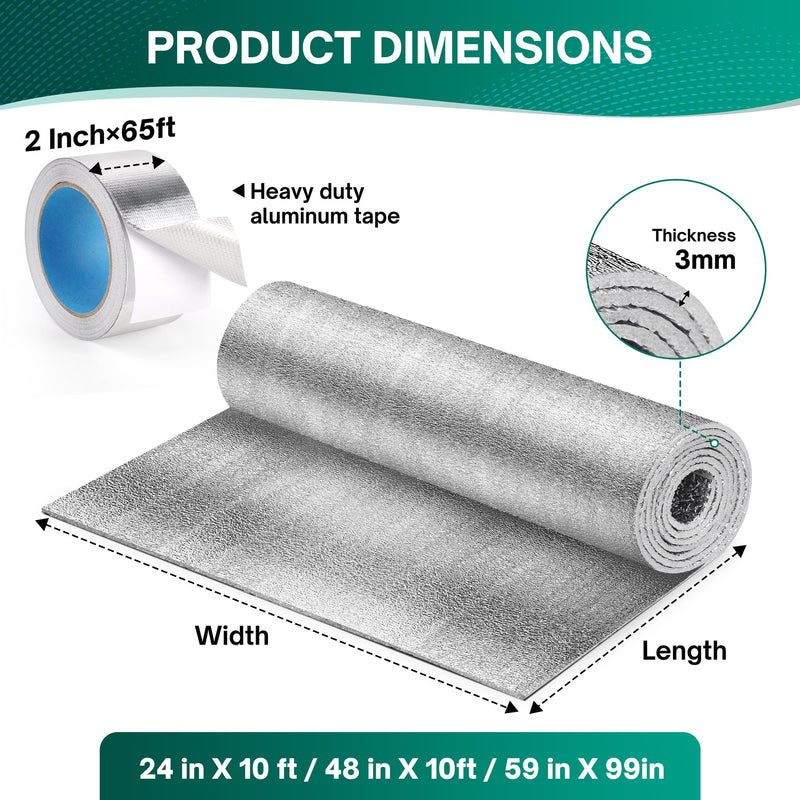 HADOR Reflective Window Film Insulation Roll 48 in X 10 Feet, Foil Aluminum Roll Double-Sided Foam Core, Summer Window Heat Blocker for RV/Windows/Garage Door - Folded Package 48inx10ft- Folded /with Double-sided Tape