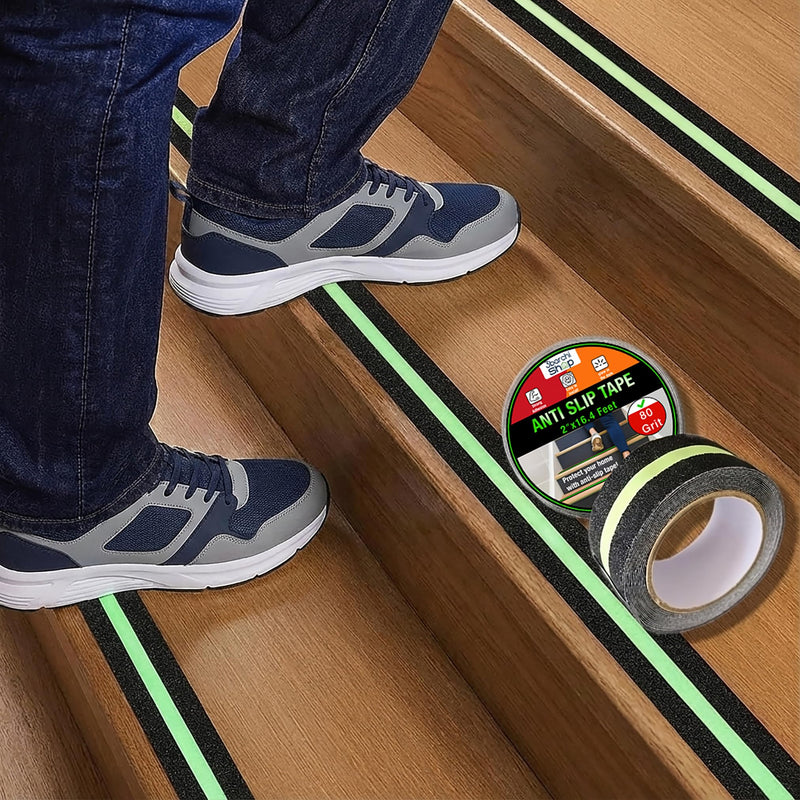 Glow in The Dark Anti Slip Tape for Stairs 2 Pack Safety Grip Strips 2in x 16.4ft Waterproof Non Skid Traction Tape for Indoor & Outdoor Steps Black with Bright Green Walk Caution Tape