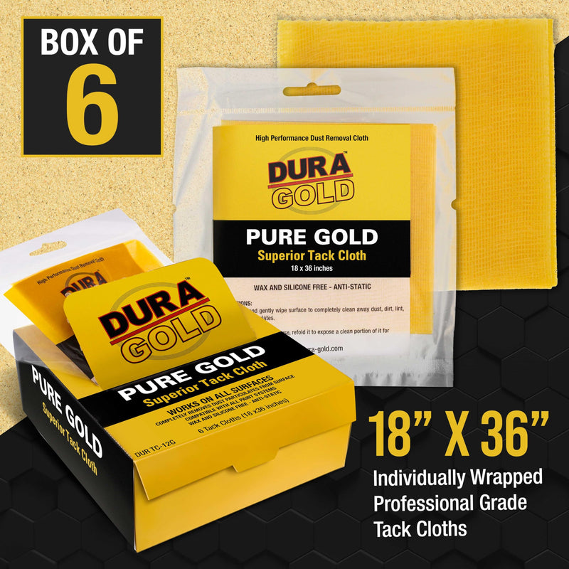 Dura-Gold - Pure Gold Superior Tack Cloths - Tack Rags (Box of 6) - Woodworking and Painters Professional Grade - Removes Dust, Sanding Particles, Cleans Surfaces - Wax and Silicone Free, Anti-Static 6 Count