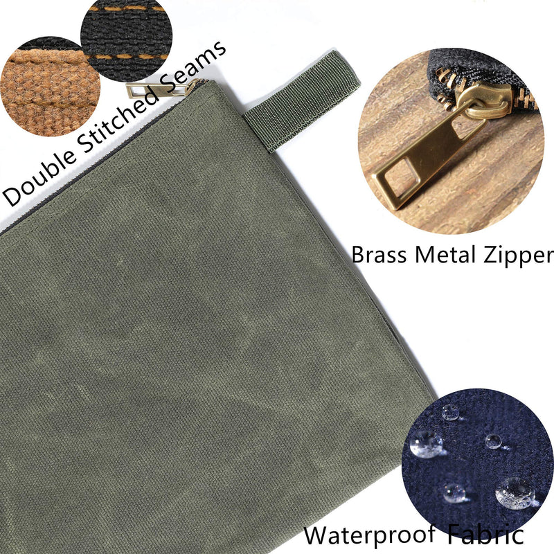Tool Pouches with Smooth Zipper, Heavy Duty 16oz Waxed Canvas Tool Pouch, One-piece Waterproof Tool Bags,12.5X8.4 Inches (4 Pack) Large Black/Khaki/Navy/Army Green