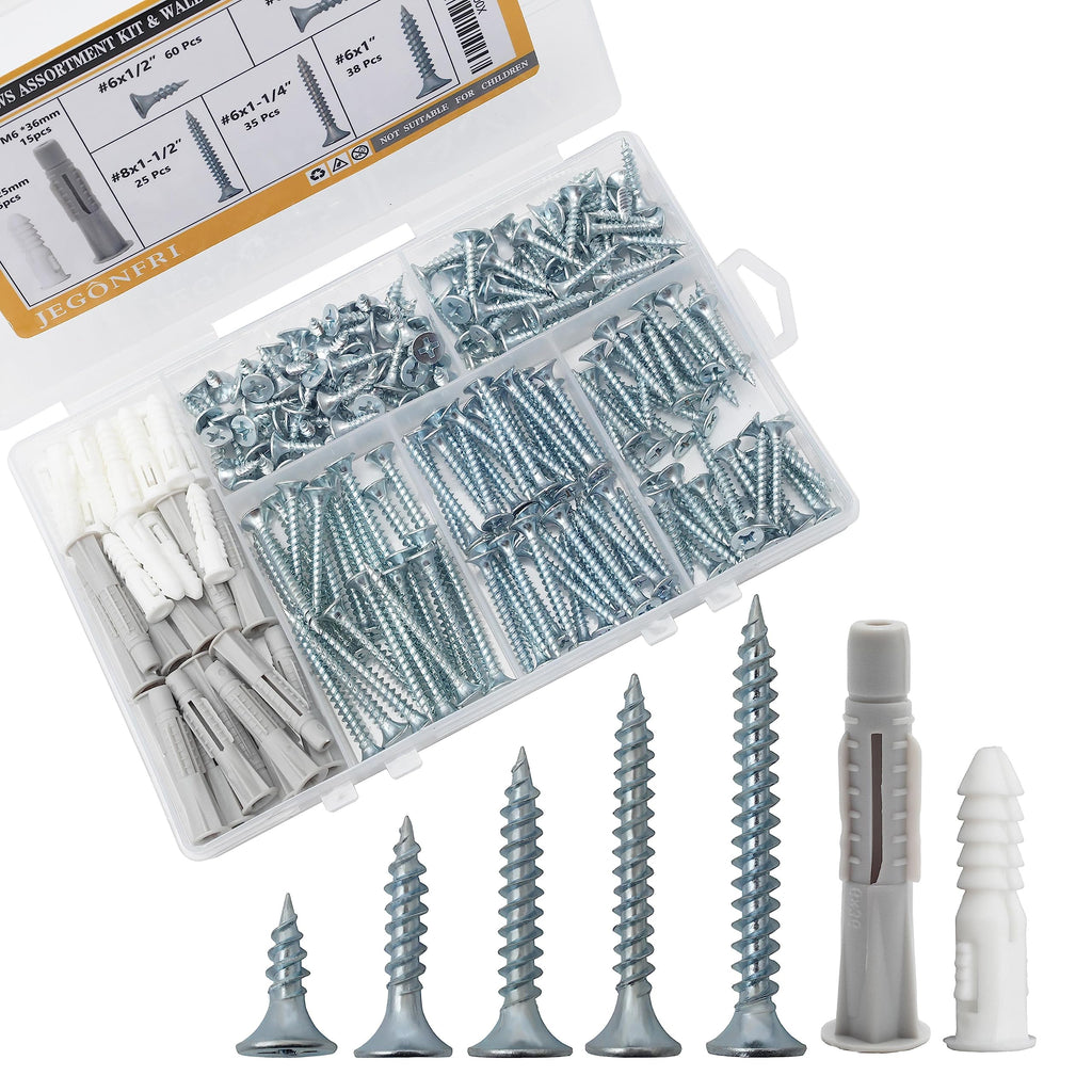 High Hardness Wood Screws Assortment Kit and Plastic Wall Anchors, 203 pcs 1/2" to 1-1/2" Phillips Drive Flat Head Screws & 30 pcs M6 Drywall Anchors Screws and Anchors