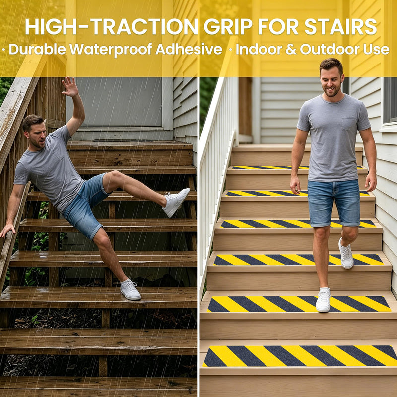 Anti Slip Tape, 4 Inch x 16 Ft Grip Tape for Stairs Outdoor/Indoor, Waterproof Non Skid Roll for Stair Treads Non Slip, High Traction Friction Abrasive Adhesive Stair Step, Caution Yellow/Black 4" x 16'
