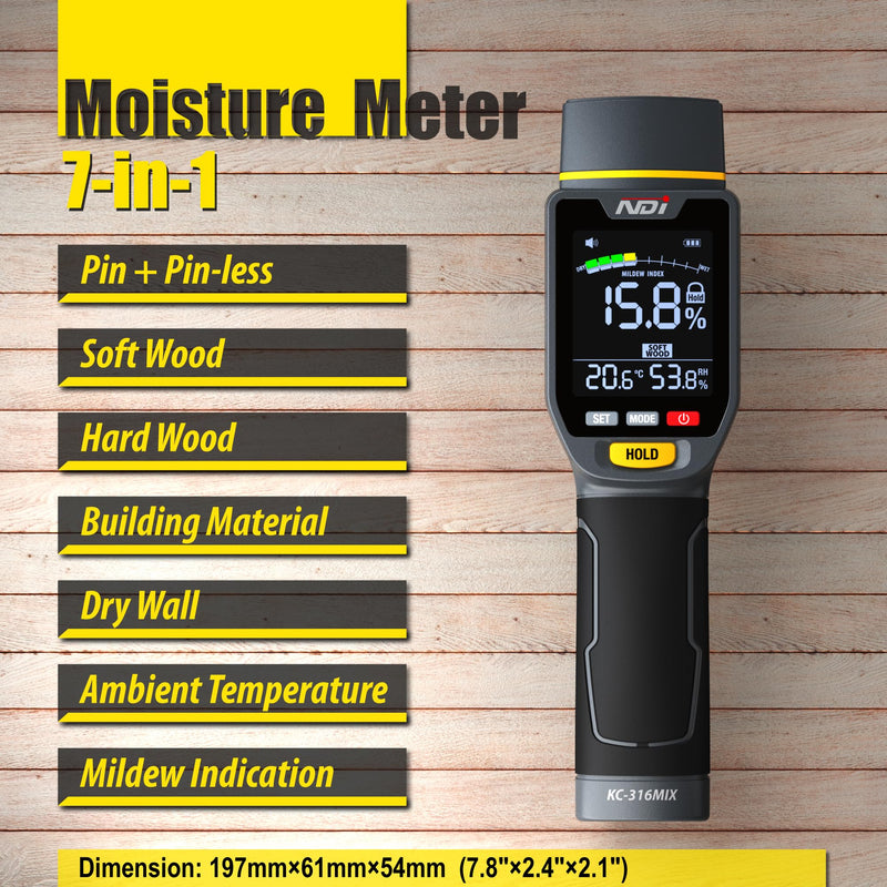 [Australia - AusPower] - NDI 7 in 1 Pin-Type and Non-invasive Moisture Meter Scanner for Dry Wall/Cement Board/Soft Wood/Hard Wood upto 3/4 Inch Depth 