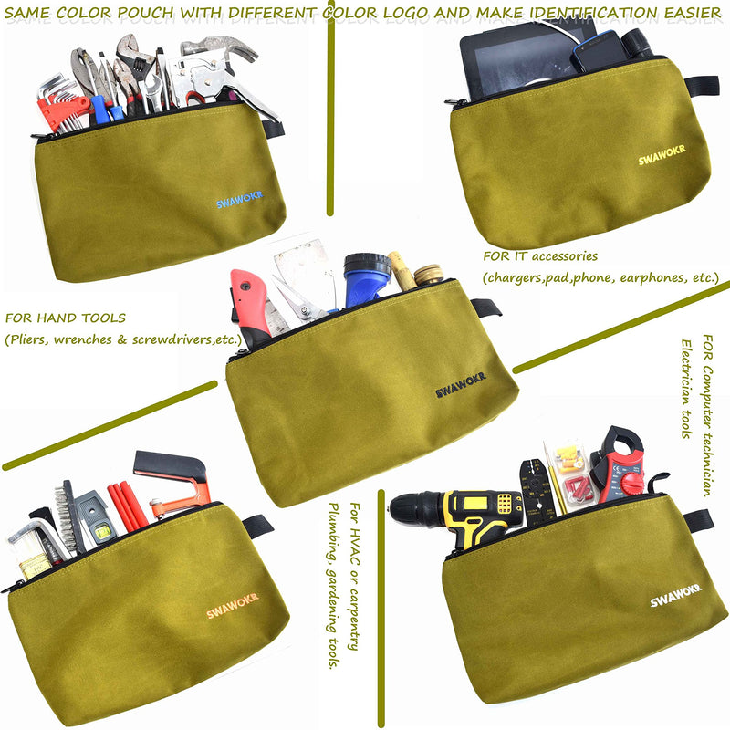 5 Pack 20 oz Canvas Tool Zipper Bags - Heavy Duty Utility Tool Pouch - Water Resistant Multi-Purpose Organizer Tote Bags 12.75 X 8 X 2.25 inch Spacious Storage Pouches with Dependable YKK Zippers Olive 12.75X8X2.25INCH