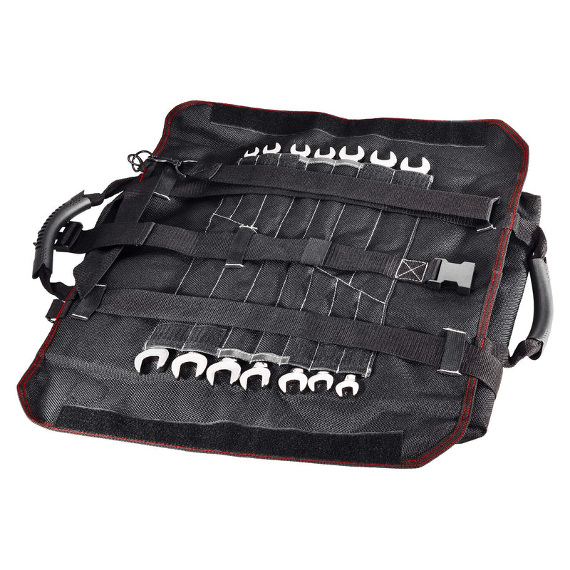 Powerbuilt Pro Tool Bag Roll Organizer, Portable, Great for Off-Road, Heavy Duty 1200D Polyester, 18-1/2 in. x 15 in. Open Size, Hanging Strap, Carry Handle, 5 Zipper Pockets, 14 Wrench Slots