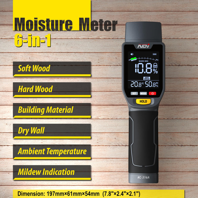 [Australia - AusPower] - NDI 6 in 1 Non-invasive Moisture Meter Pinless Humidity Sensor Drywall/Gypsum Board/Cement Board/Cork/Hardwood/Mildew Index 